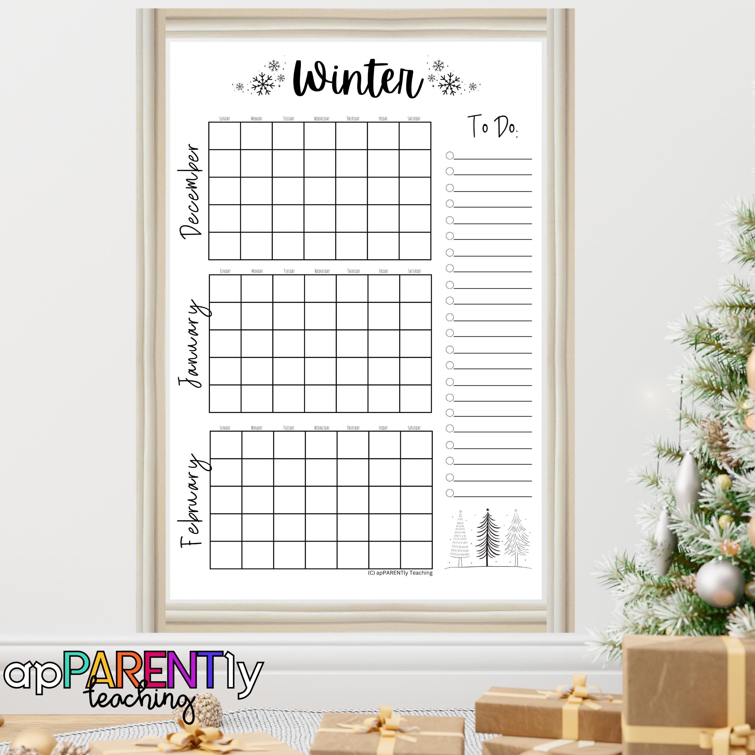 Printable Winter calendar, 3 month calendar, without dates, bucket list, winter activities, winter fun, fill in calendar, organization