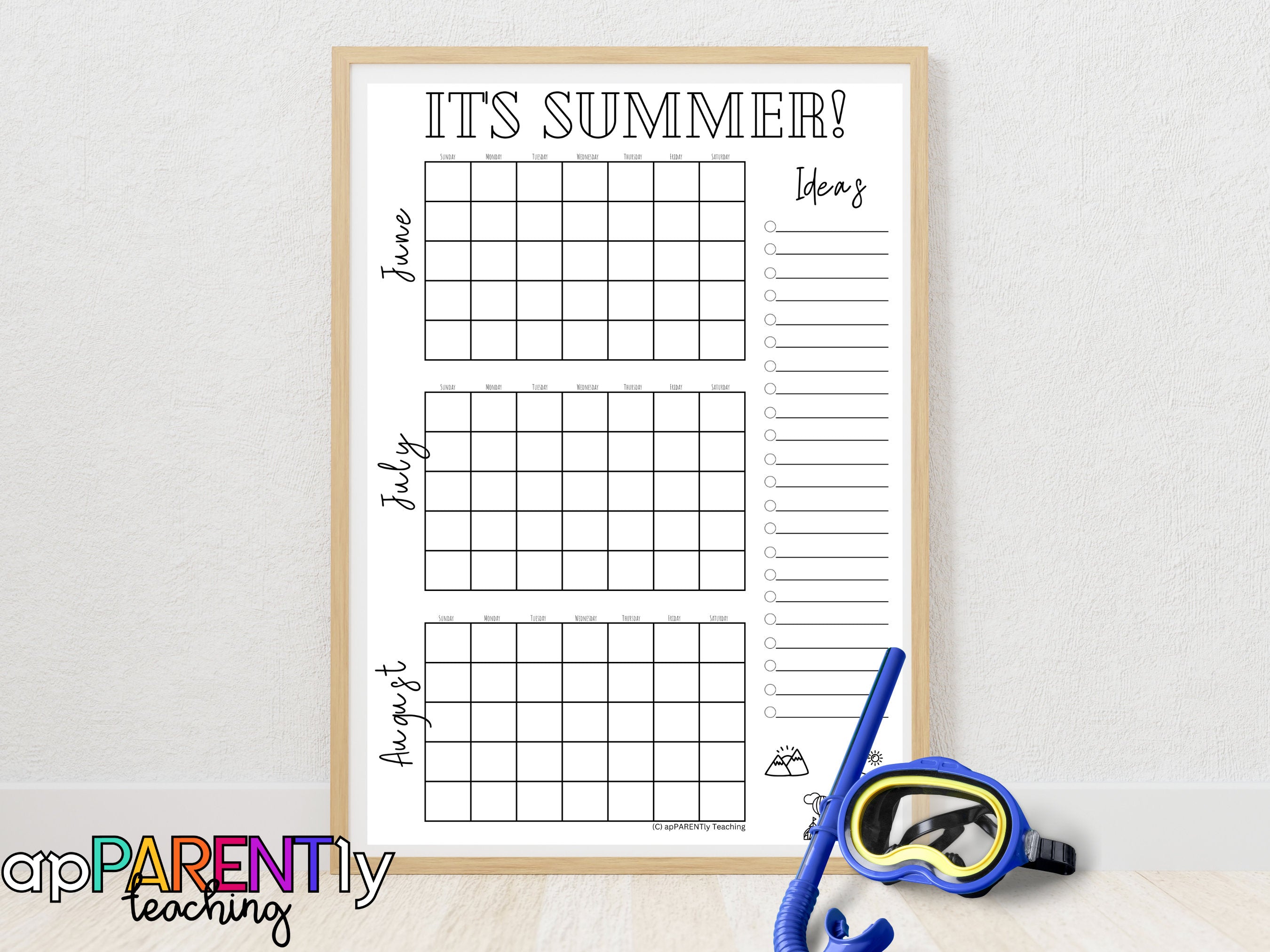 Printable Summer calendar, without dates, bucket list, summer countdown, summer activities, summer checklist, summer fun, fill it in