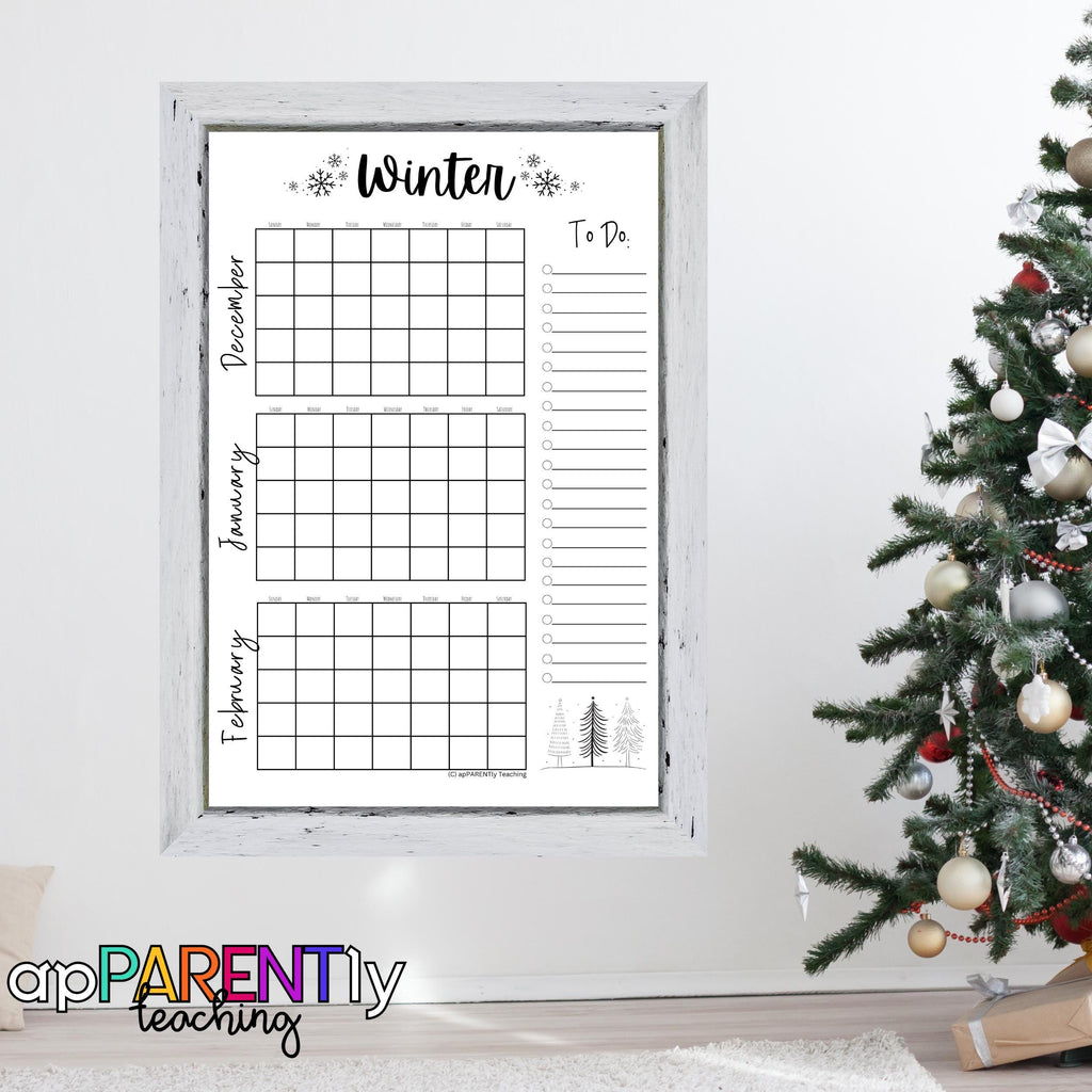 Printable Winter calendar, 3 month calendar, without dates, bucket list, winter activities, winter fun, fill in calendar, organization