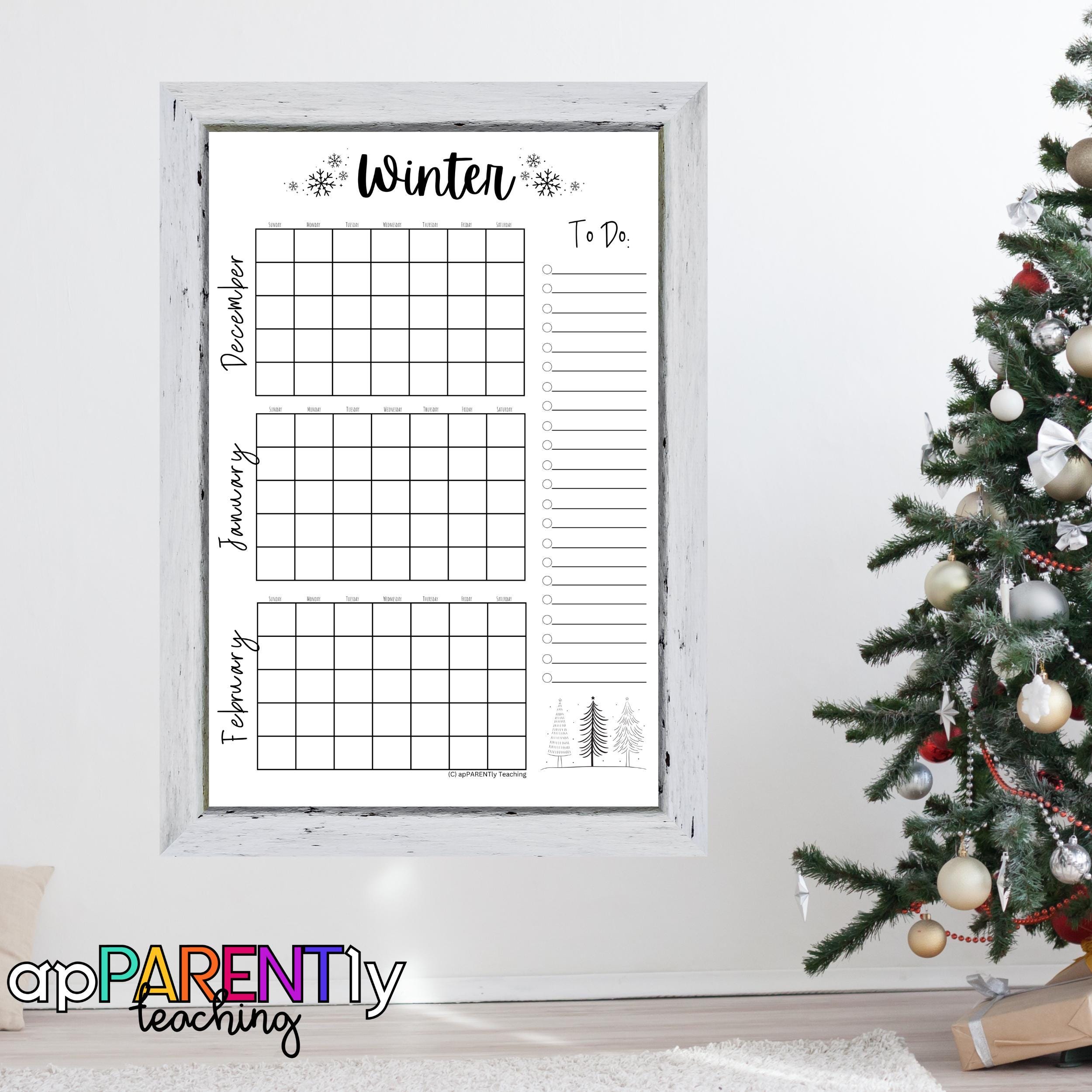 Printable Winter calendar, 3 month calendar, without dates, bucket list, winter activities, winter fun, fill in calendar, organization