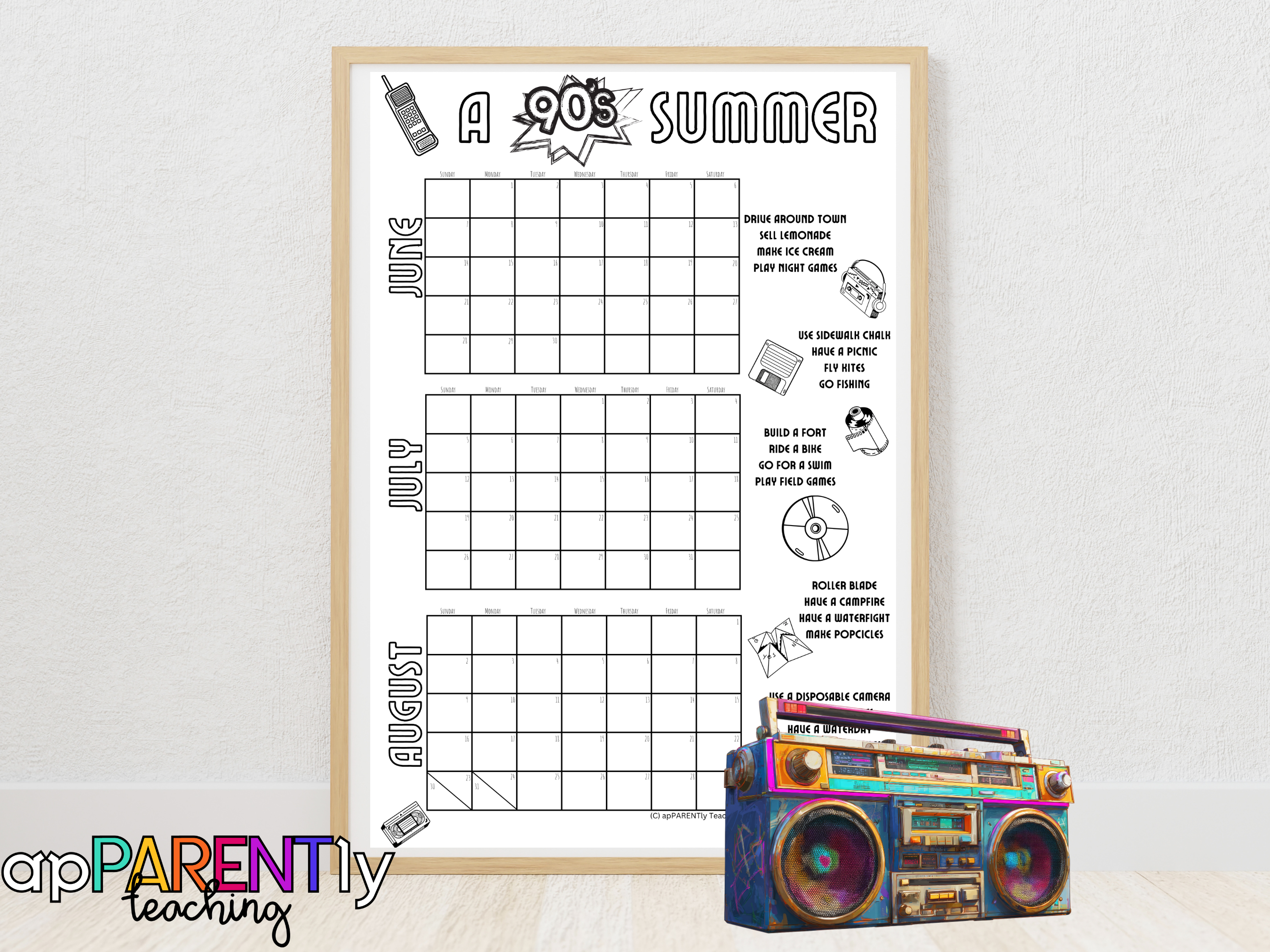 90's Summer Calendar and Bucket List- PRINTED VERSION